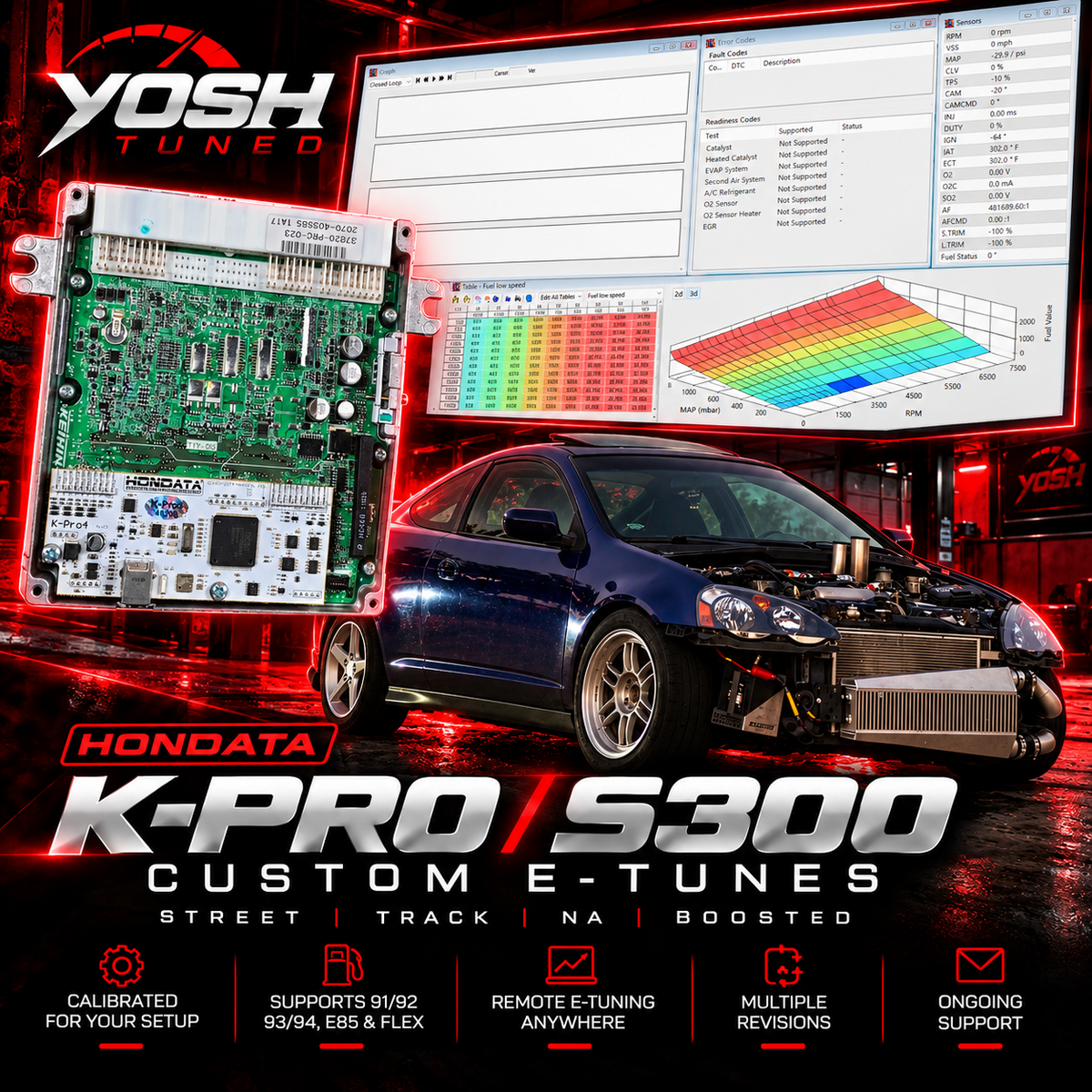 Yosh Tuned K-Pro and S300 custom e-tuning graphic with blue Acura RSX